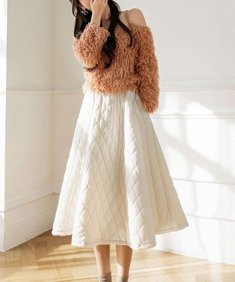 Aライン 中綿入り キルティング ミモレ丈 オーバースカート

