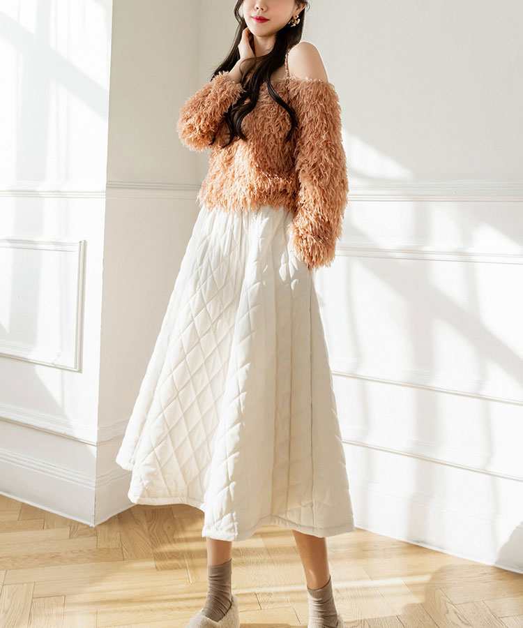 Aライン 中綿入り キルティング ミモレ丈 オーバースカート

