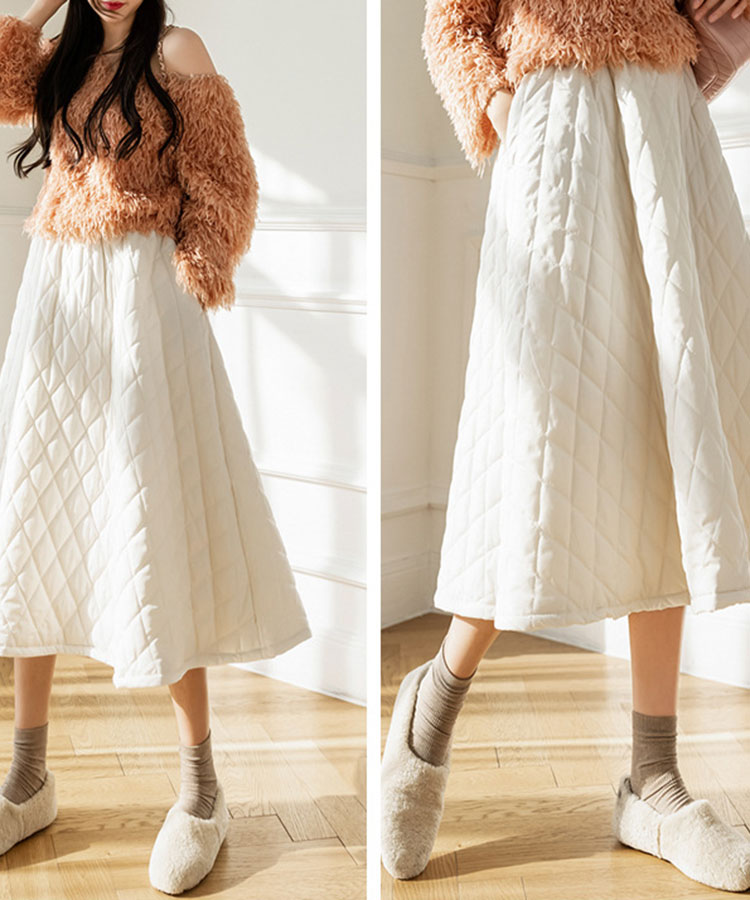 Aライン 中綿入り キルティング ミモレ丈 オーバースカート

