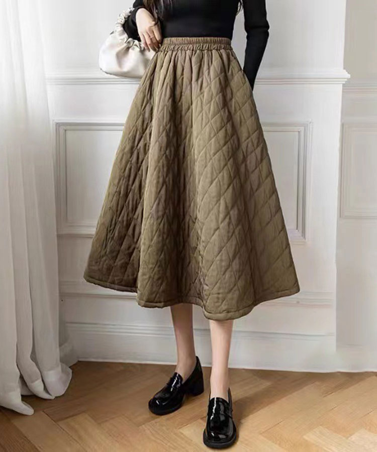 Aライン 中綿入り キルティング ミモレ丈 オーバースカート

