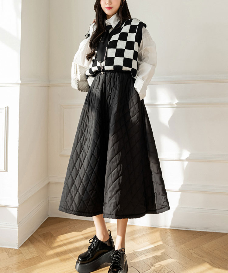 Aライン 中綿入り キルティング ミモレ丈 オーバースカート

