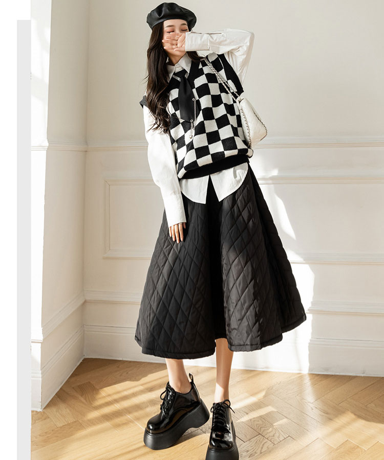 Aライン 中綿入り キルティング ミモレ丈 オーバースカート

