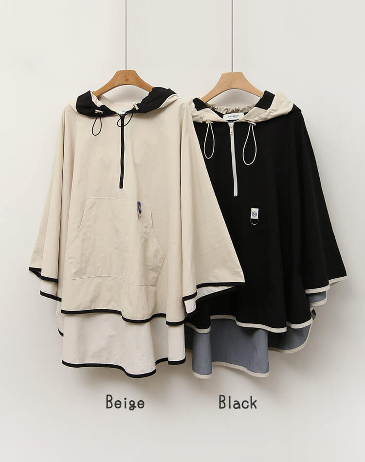 配色 フード付き レインポンチョ レインコート 