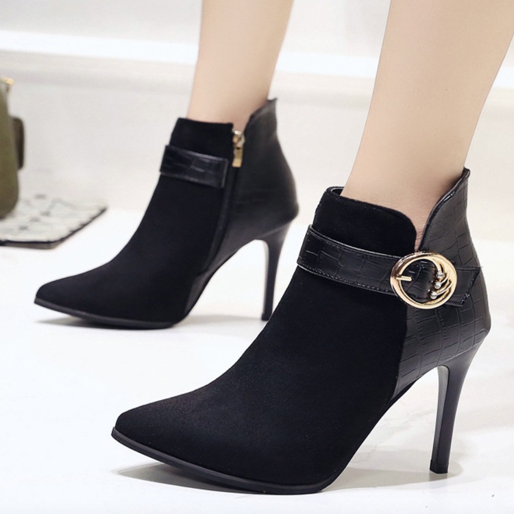 レザー スウェード 切り替え ピンヒール ブーティー