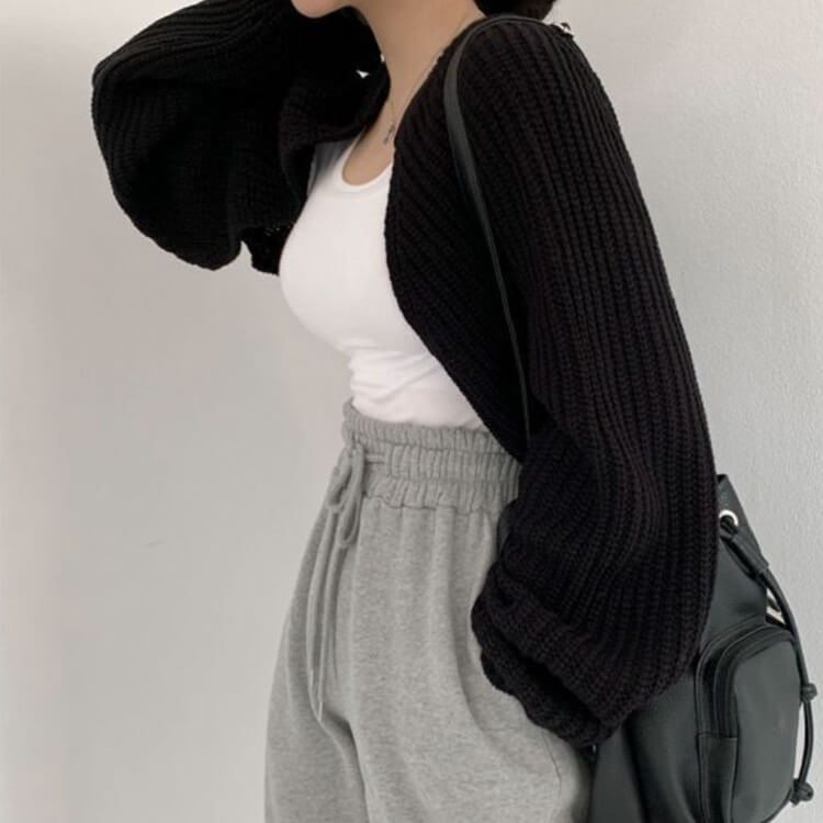 ランタンスリーブ ショート丈 ボレロ ニット カーディガン