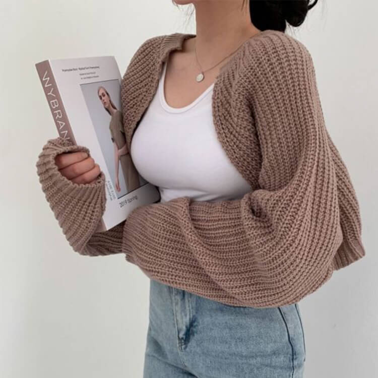 ランタンスリーブ ショート丈 ボレロ ニット カーディガン