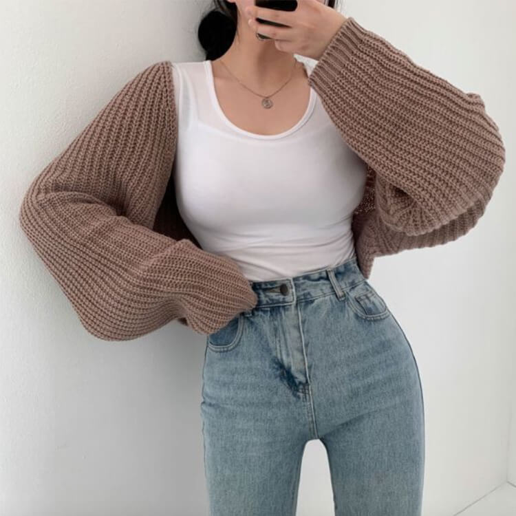 ランタンスリーブ ショート丈 ボレロ ニット カーディガン