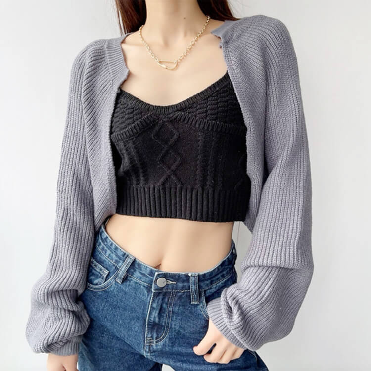 ランタンスリーブ ショート丈 ボレロ ニット カーディガン