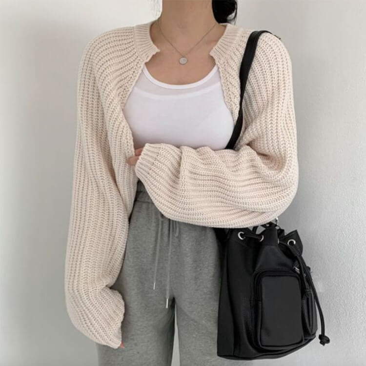 ランタンスリーブ ショート丈 ボレロ ニット カーディガン