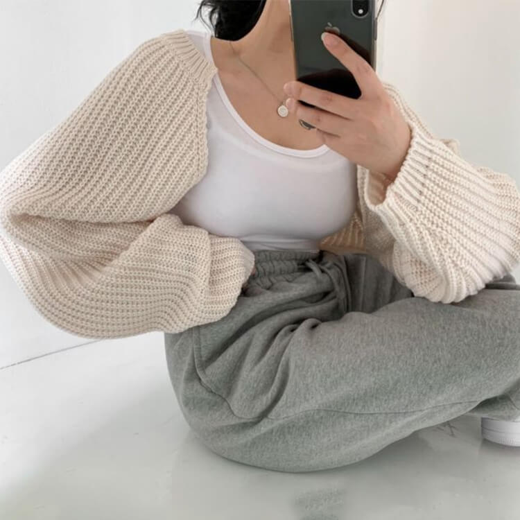 ランタンスリーブ ショート丈 ボレロ ニット カーディガン