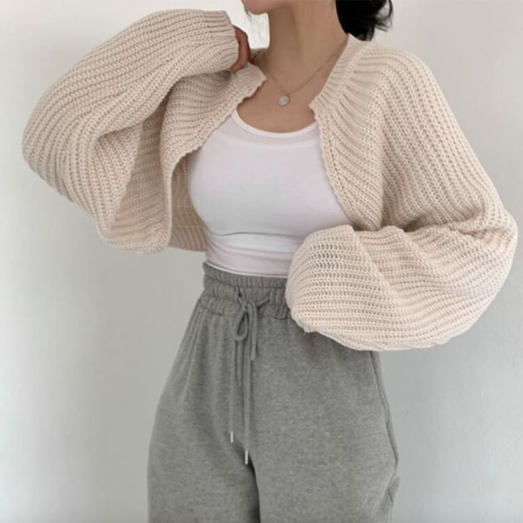 ランタンスリーブ ショート丈 ボレロ ニット カーディガン