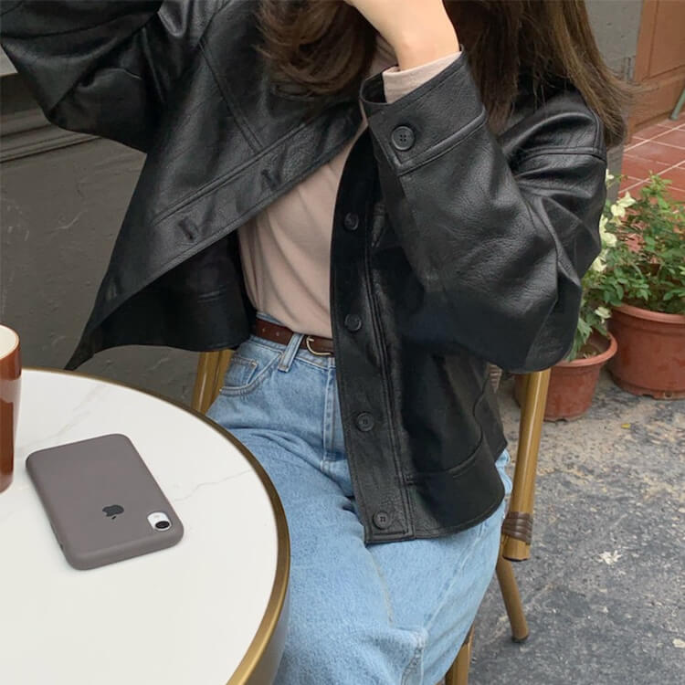 ゆったり ステンカラー フェイクレザー ジャケット コート