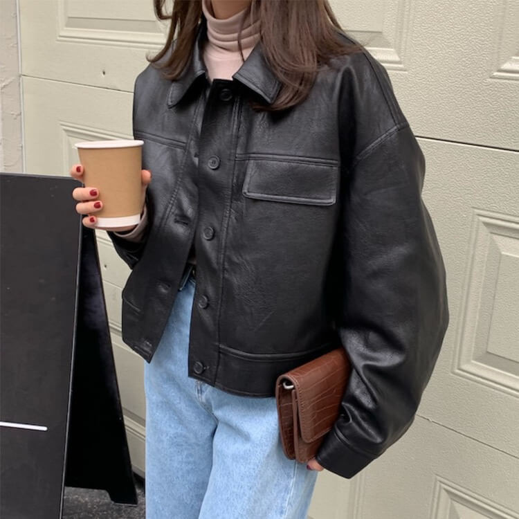 ゆったり ステンカラー フェイクレザー ジャケット コート