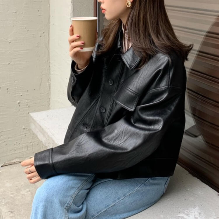 ゆったり ステンカラー フェイクレザー ジャケット コート