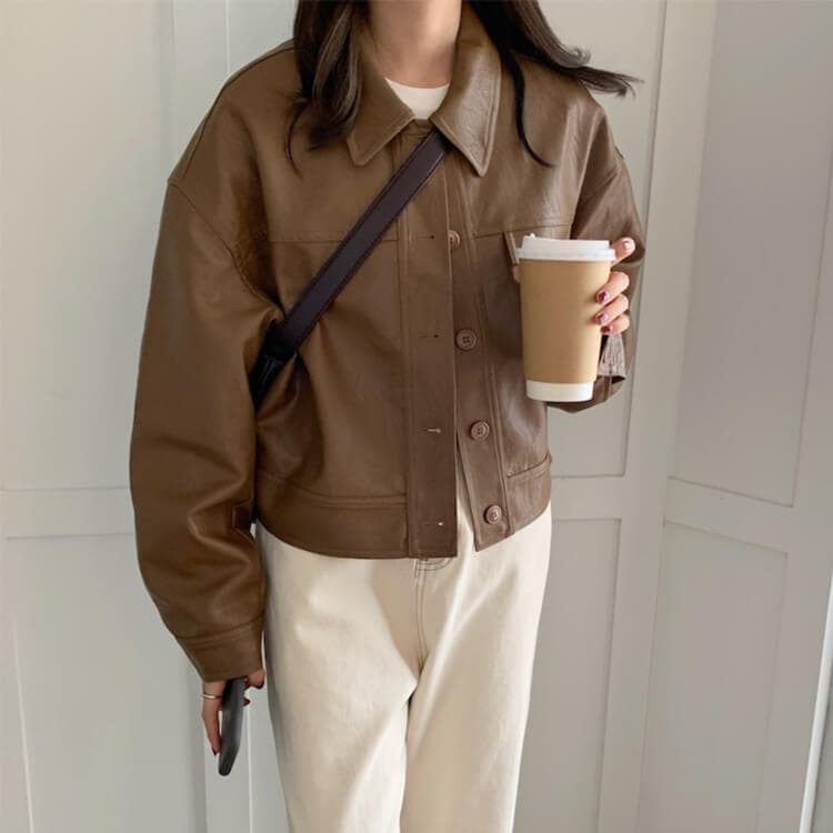 ゆったり ステンカラー フェイクレザー ジャケット コート