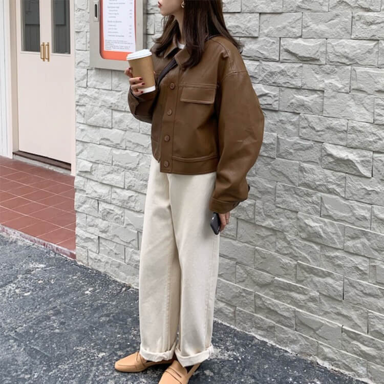 ゆったり ステンカラー フェイクレザー ジャケット コート