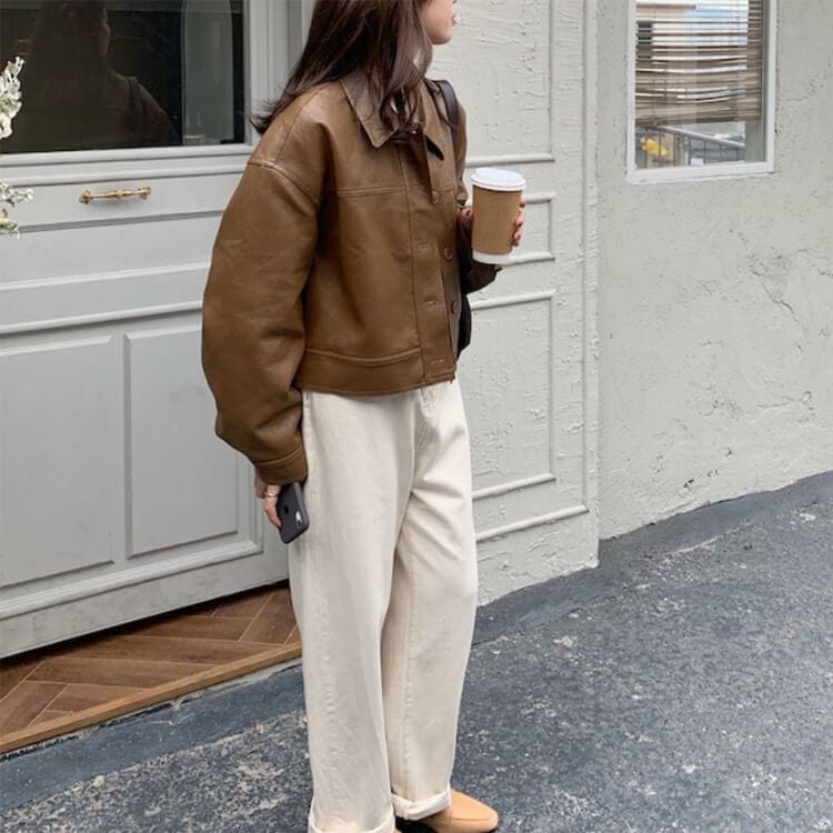 ゆったり ステンカラー フェイクレザー ジャケット コート