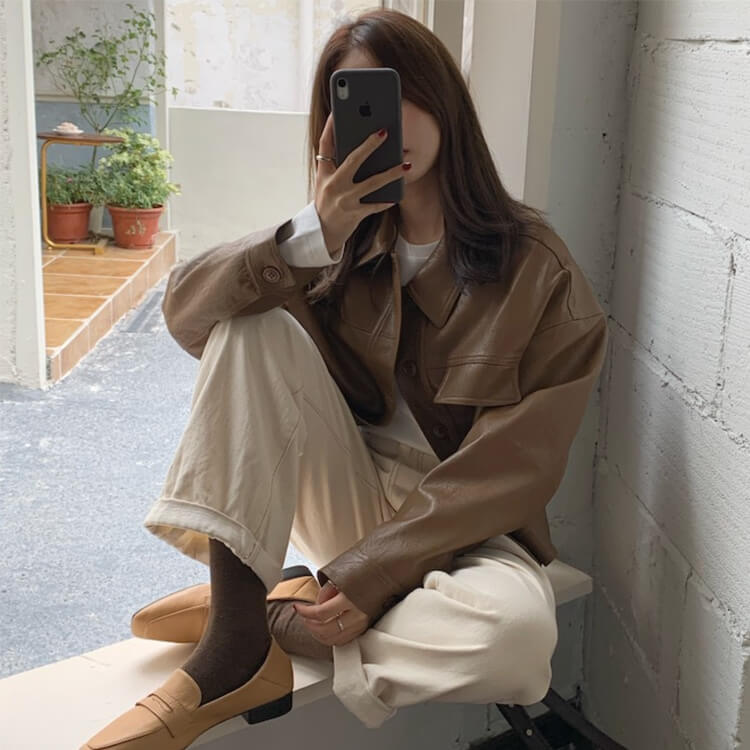 ゆったり ステンカラー フェイクレザー ジャケット コート