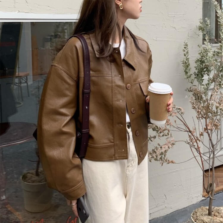 ゆったり ステンカラー フェイクレザー ジャケット コート