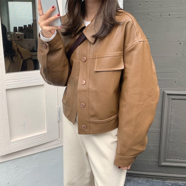 ゆったり ステンカラー フェイクレザー ジャケット コート