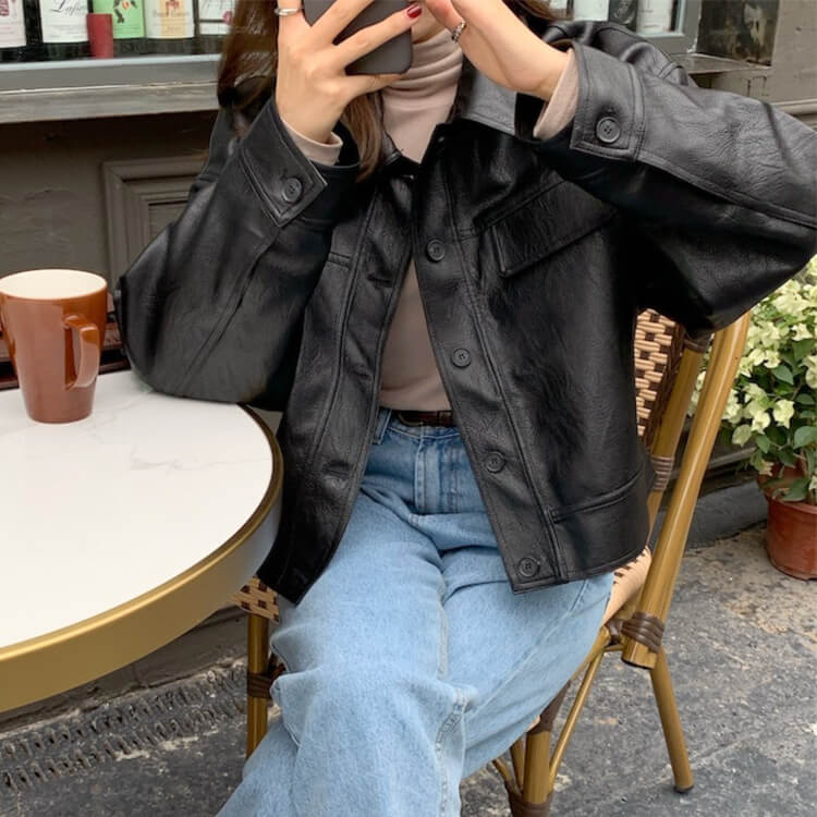 ゆったり ステンカラー フェイクレザー ジャケット コート