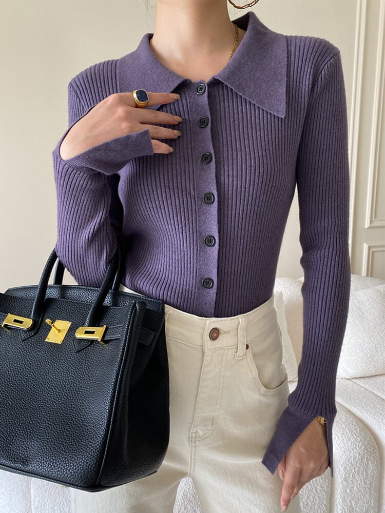 6color おおきめ襟付き ニットカーディガン