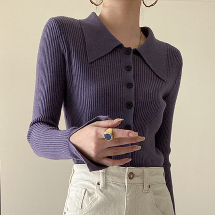 6color おおきめ襟付き ニットカーディガン