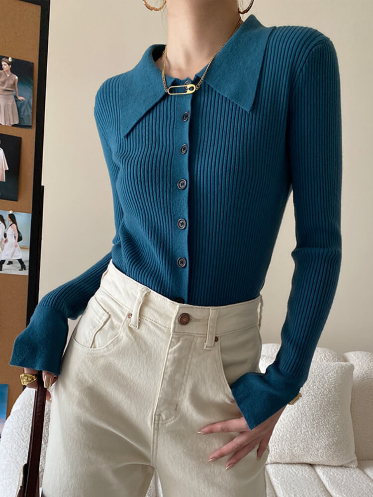 6color おおきめ襟付き ニットカーディガン