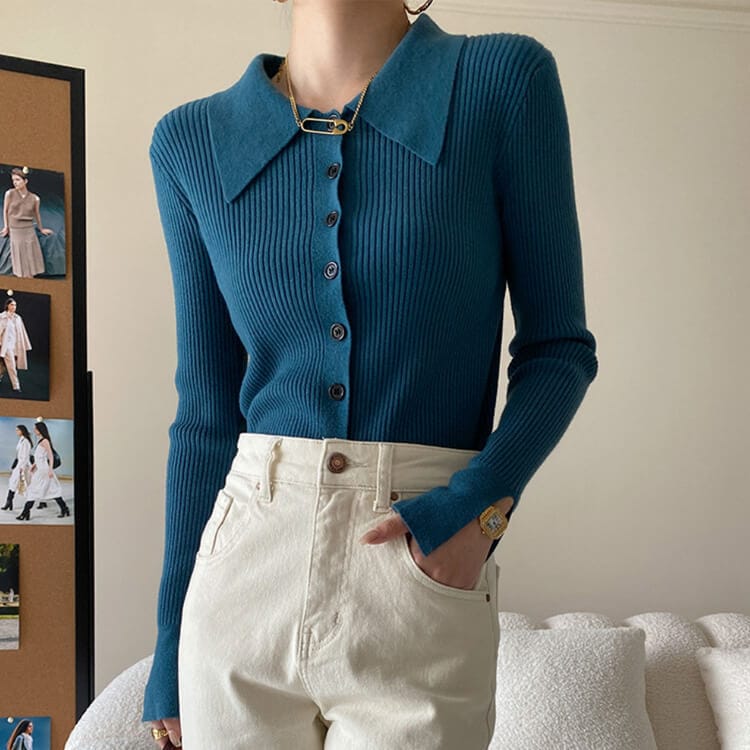 6color おおきめ襟付き ニットカーディガン