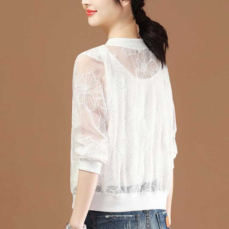 長袖 シースルー 花柄レース ジップアップ ジャケット