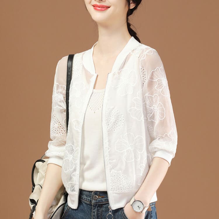 長袖 シースルー 花柄レース ジップアップ ジャケット