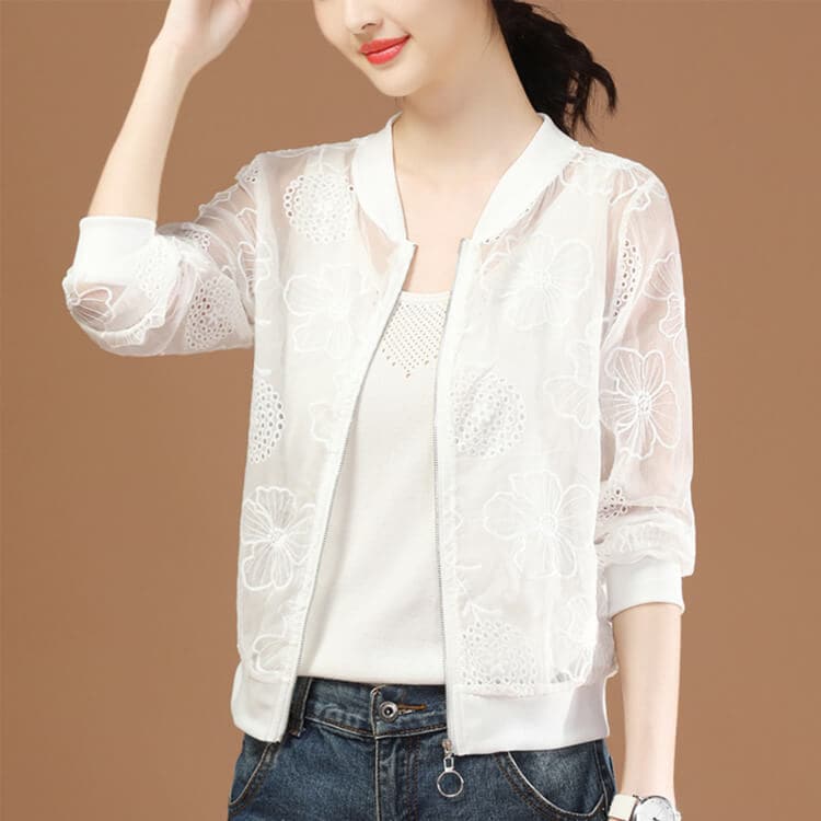 長袖 シースルー 花柄レース ジップアップ ジャケット