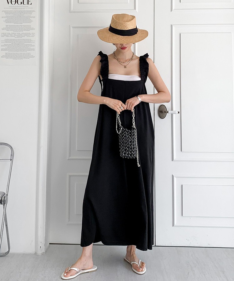 フリルショルダー ゆったり ワイド サロペット