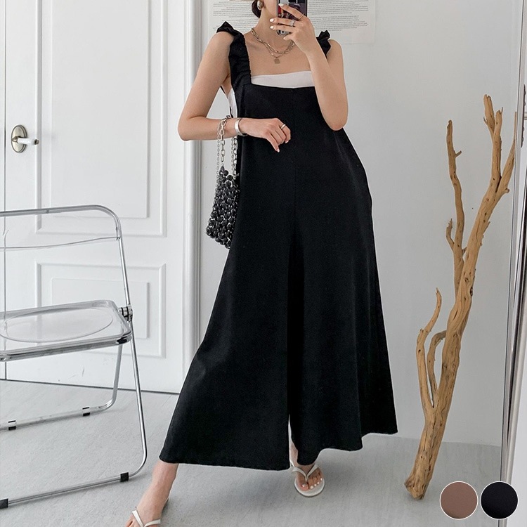 フリルショルダー ゆったり ワイド サロペット