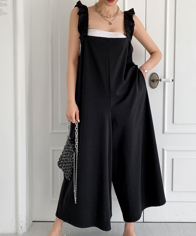 フリルショルダー ゆったり ワイド サロペット