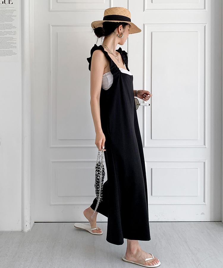 フリルショルダー ゆったり ワイド サロペット