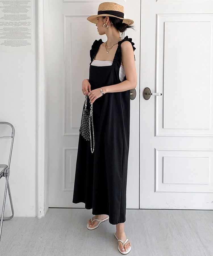 フリルショルダー ゆったり ワイド サロペット