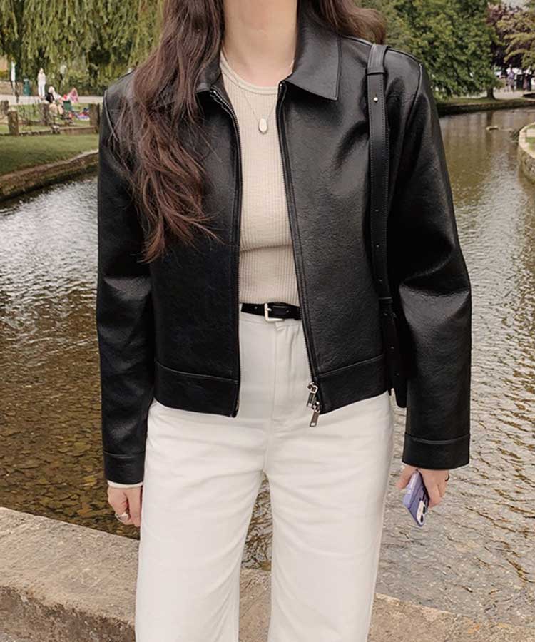 ショート丈 ダブルファスナー フェイクレザー ジャケット

