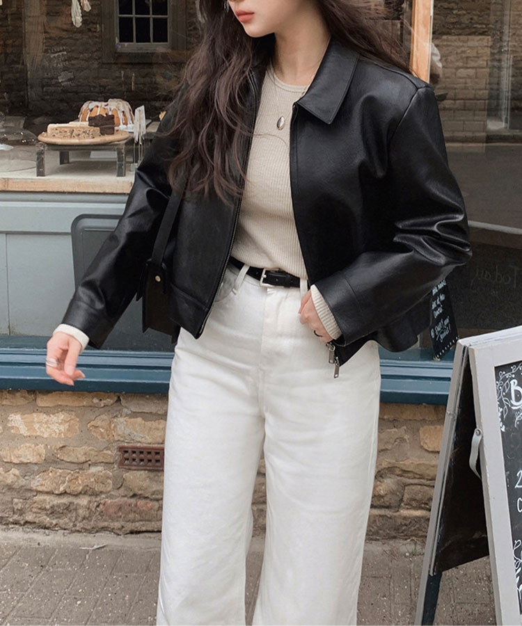 ショート丈 ダブルファスナー フェイクレザー ジャケット

