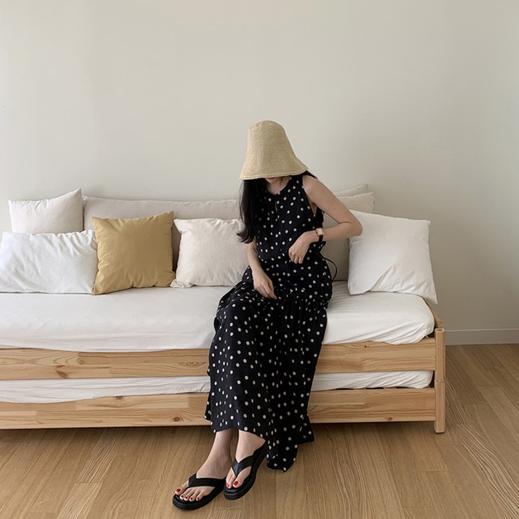 ドット柄 Aライン フレア マキシワンピース