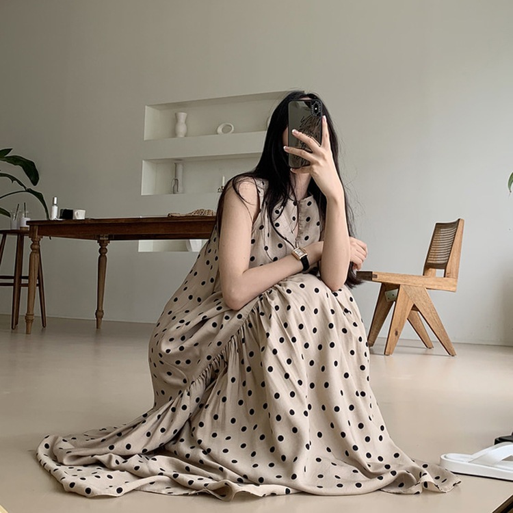 ドット柄 Aライン フレア マキシワンピース
