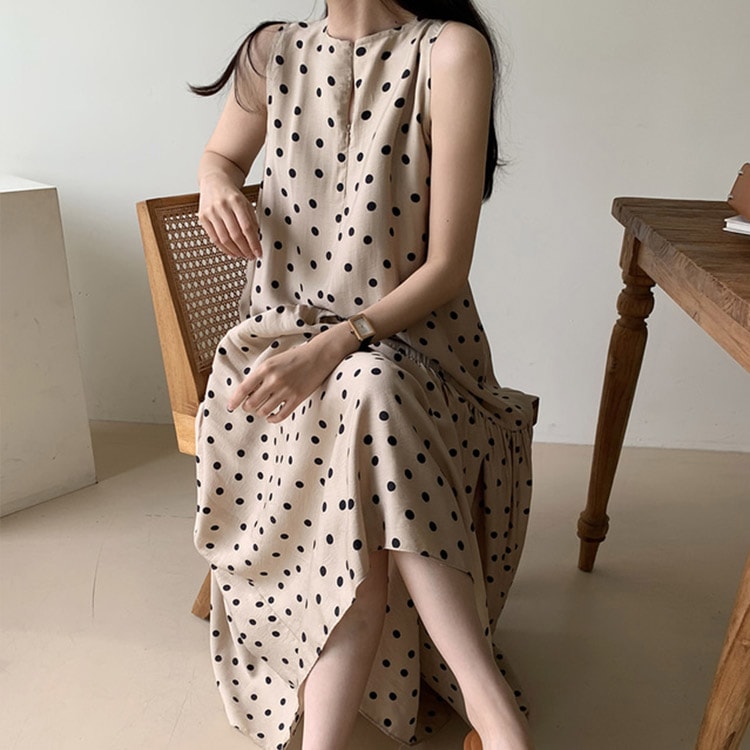 ドット柄 Aライン フレア マキシワンピース