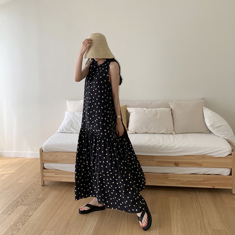 ドット柄 Aライン フレア マキシワンピース