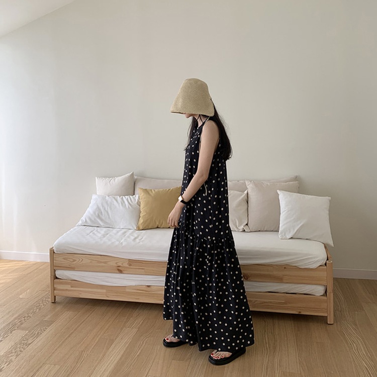 ドット柄 Aライン フレア マキシワンピース