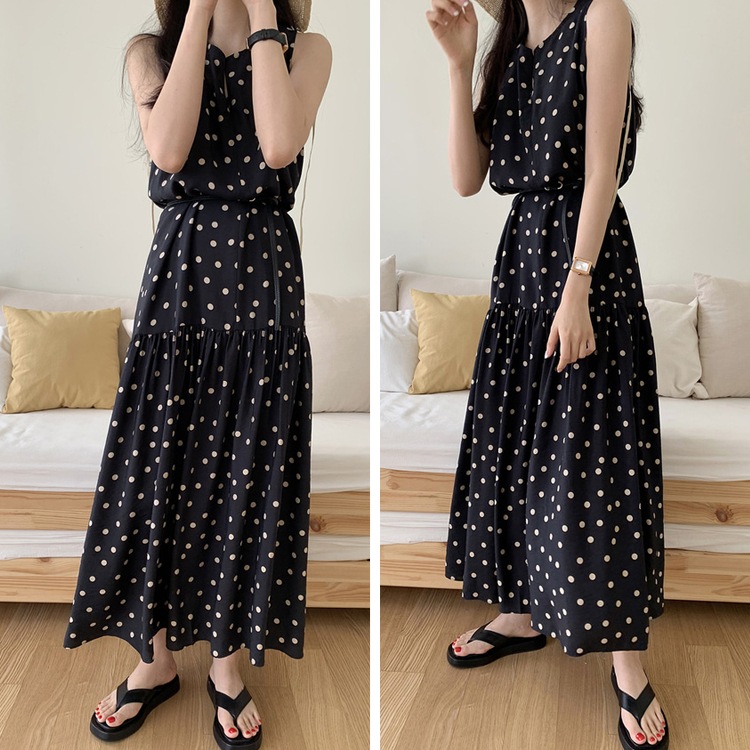 ドット柄 Aライン フレア マキシワンピース