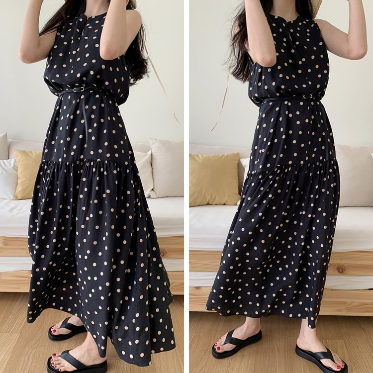 ドット柄 Aライン フレア マキシワンピース