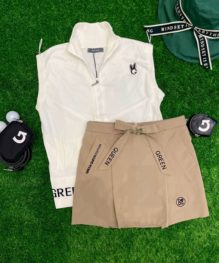 ウエストリボン フロントタック ショート丈 ゴルフスカート

