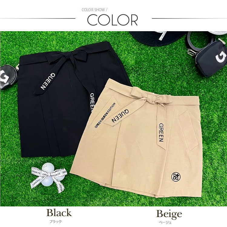 ウエストリボン フロントタック ショート丈 ゴルフスカート

