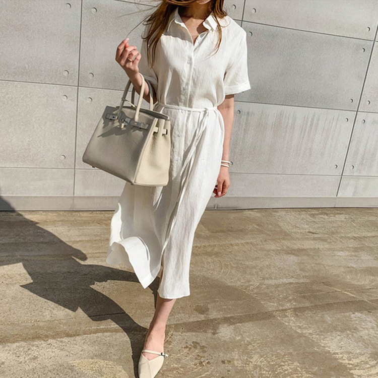 ウエストマークリボン付き 半袖 シャツワンピース