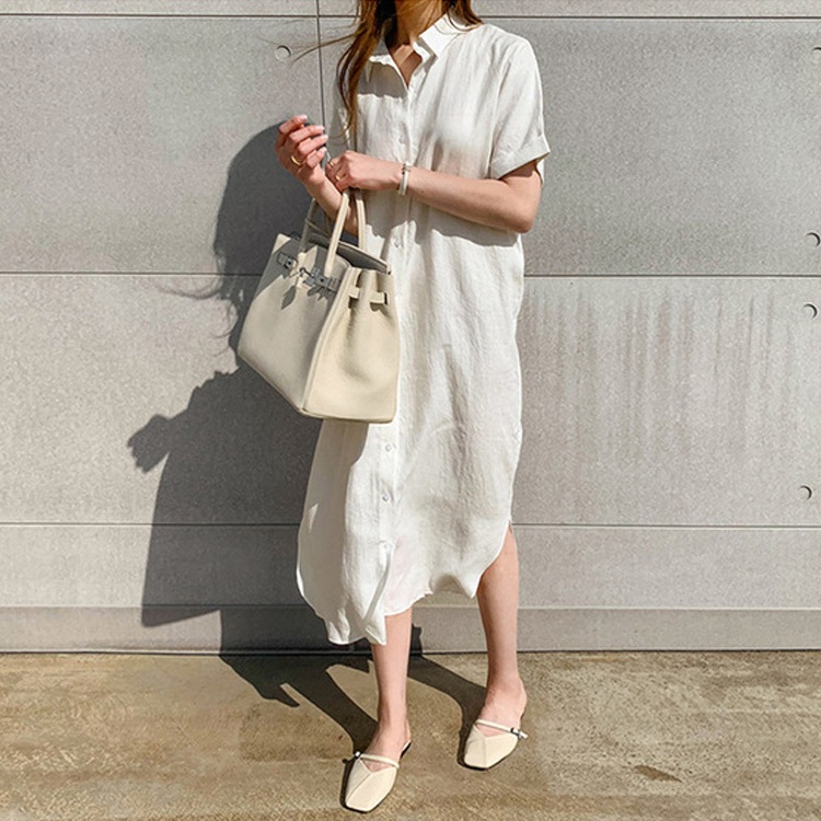ウエストマークリボン付き 半袖 シャツワンピース